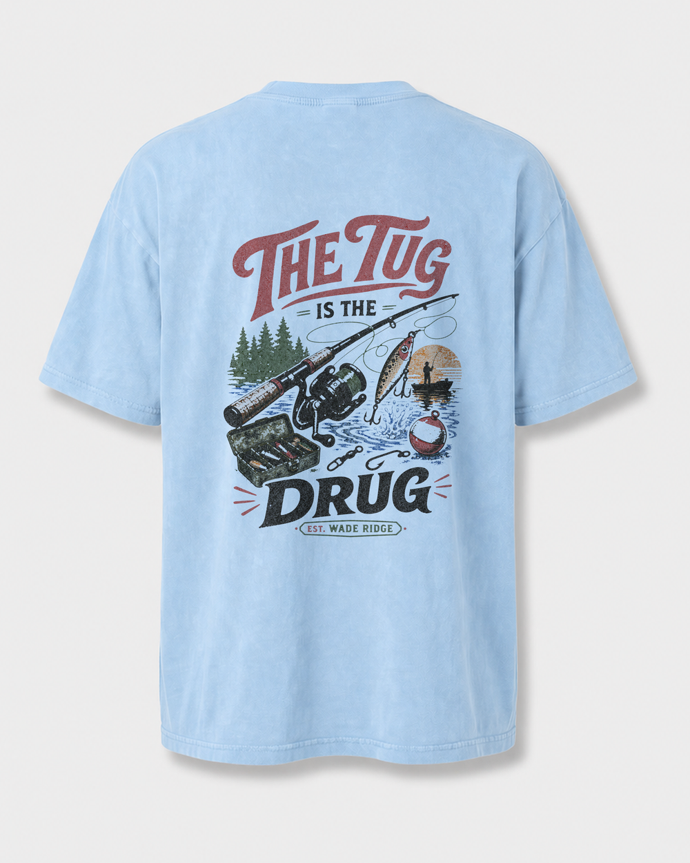 The Tug Is The Drug — Lake Day washed tee — washed light blue, front