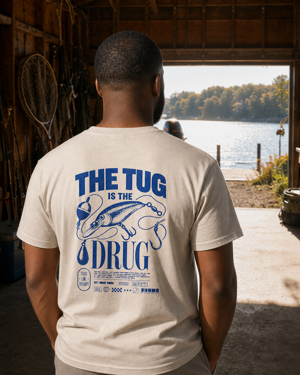 The Tug Is The Drug — Deep Diver tee — sand, worn, front