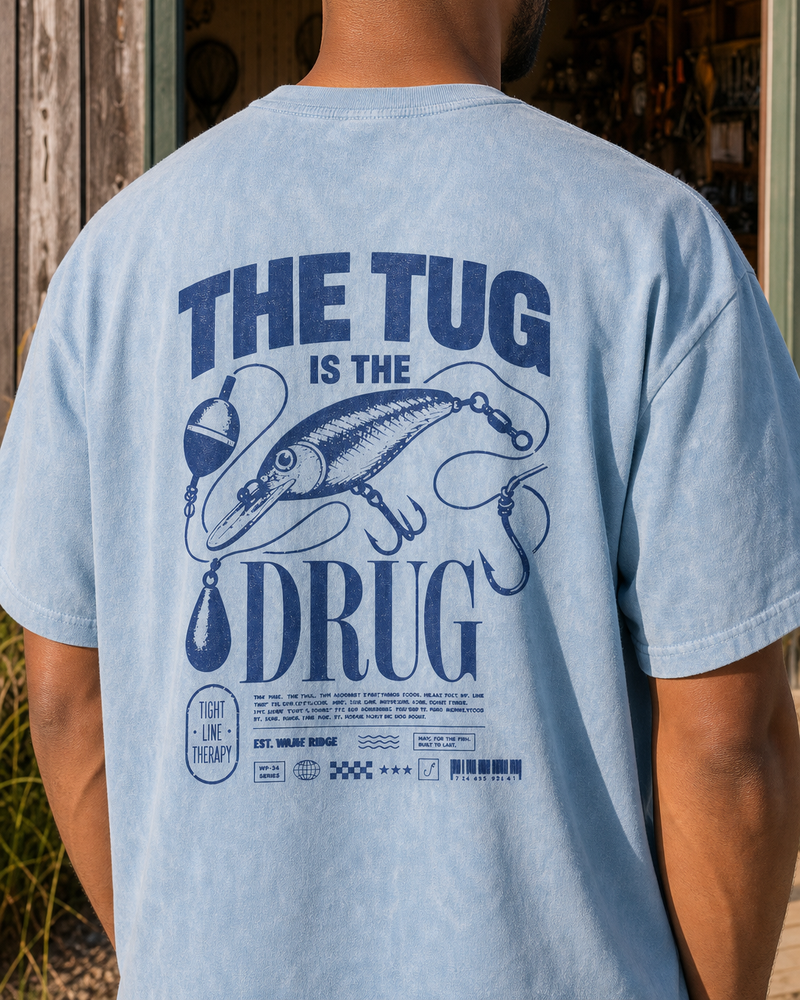 The Tug Is The Drug — Deep Diver washed tee — washed light blue, worn, side