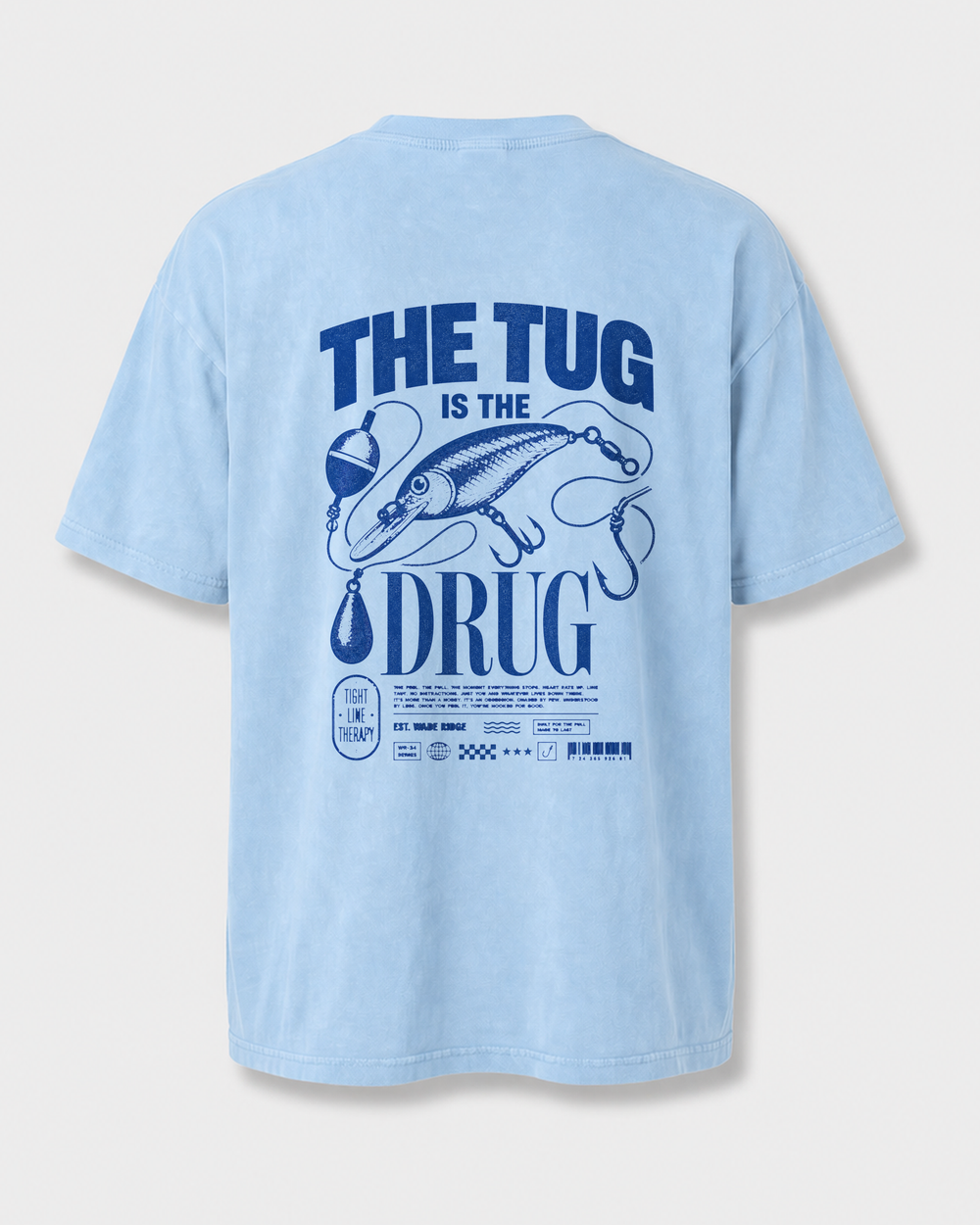 The Tug Is The Drug — Deep Diver washed tee — washed light blue, front