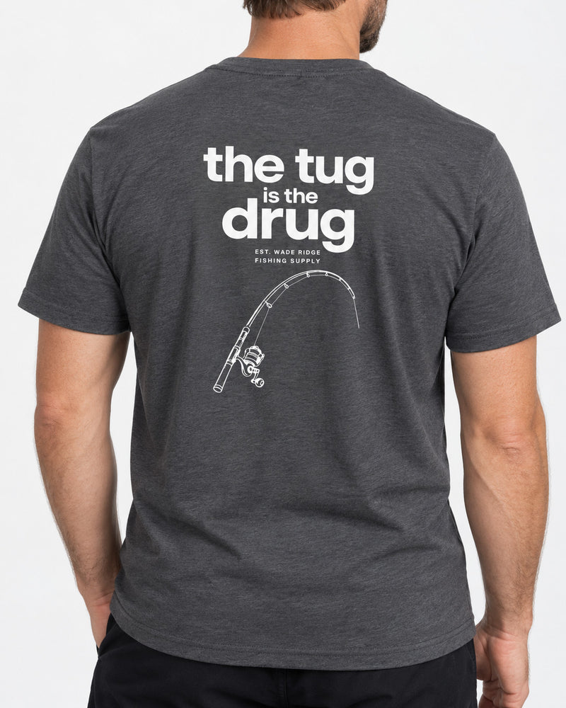 The Tug Is The Drug — Quiet Line tee — dark heather, worn, side