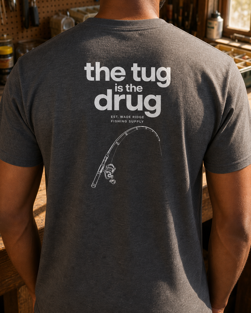 The Tug Is The Drug — Quiet Line tee — dark heather, worn, side