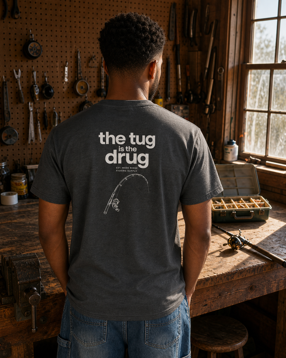 The Tug Is The Drug — Quiet Line tee — dark heather, worn, front