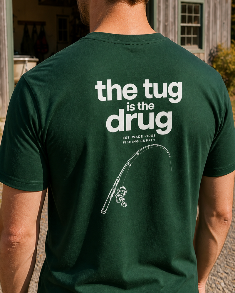 The Tug Is The Drug — Quiet Line tee — forest, worn, side