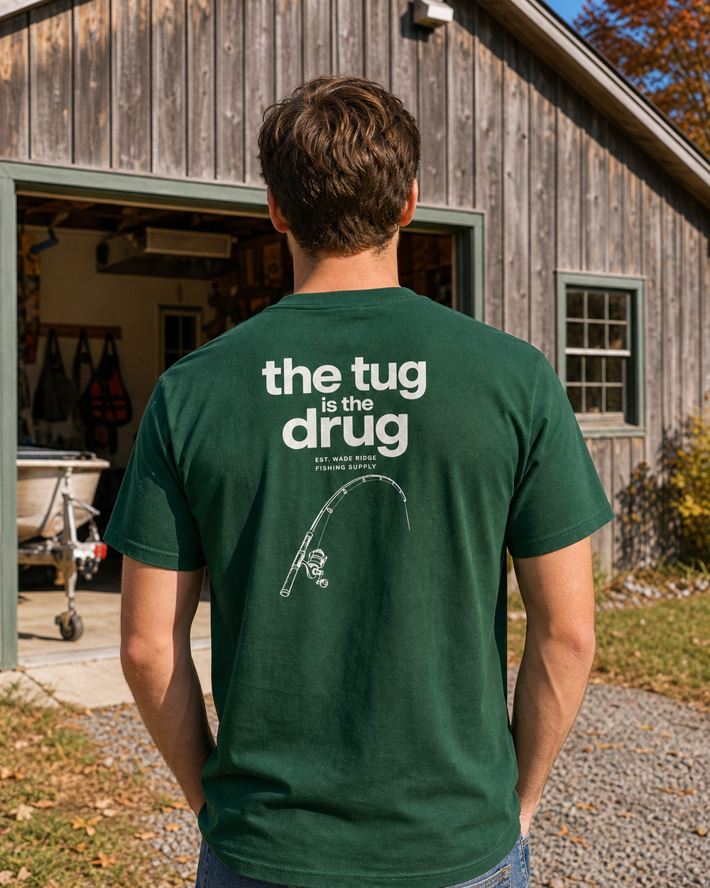 The Tug Is The Drug — Quiet Line tee — forest, worn, front
