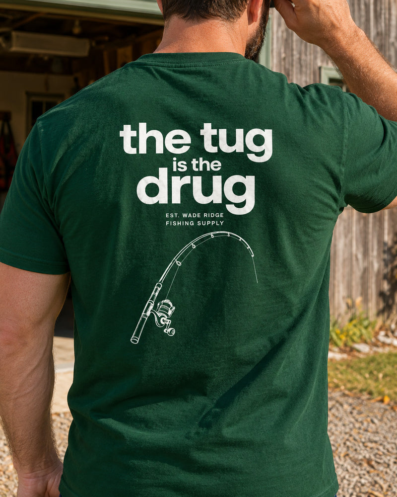 The Tug Is The Drug — Quiet Line tee — forest, worn, side