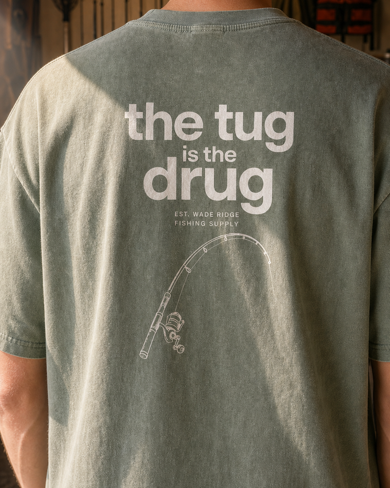 The Tug Is The Drug — Quiet Line washed tee — washed sage, worn, side