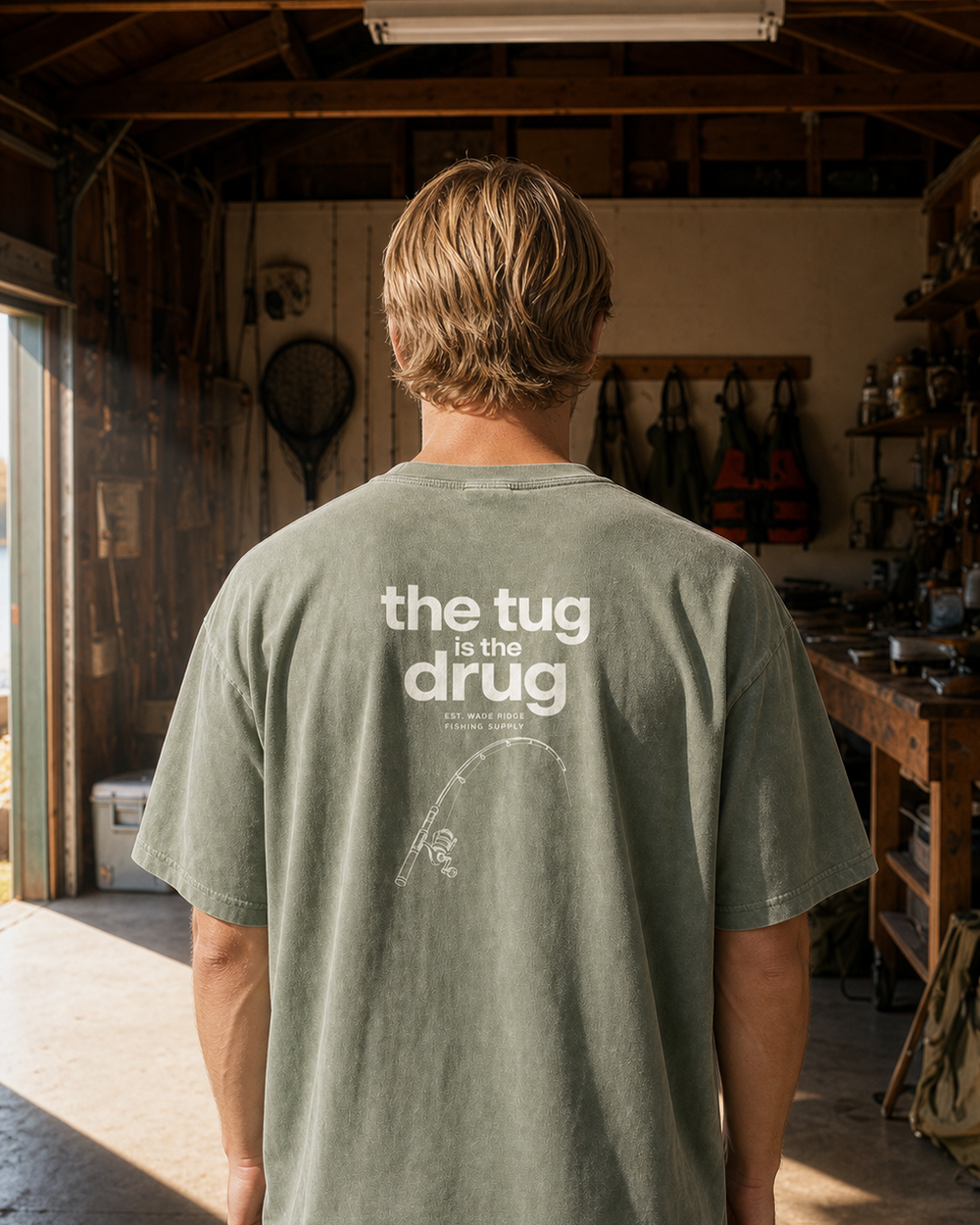 The Tug Is The Drug — Quiet Line washed tee — washed sage, worn, front