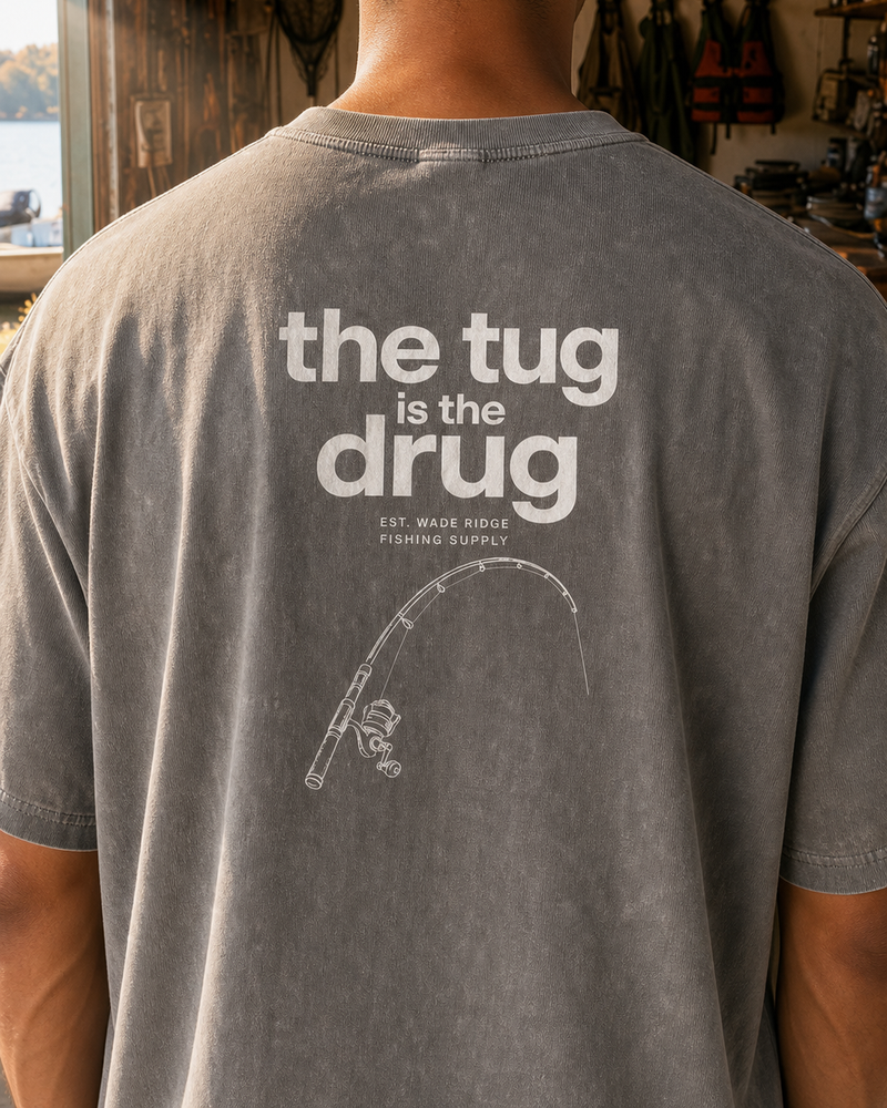 The Tug Is The Drug — Quiet Line washed tee — washed charcoal, worn, side