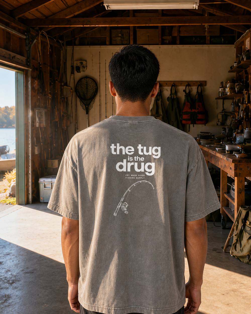 The Tug Is The Drug — Quiet Line washed tee — washed charcoal, worn, front