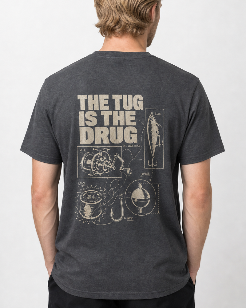 The Tug Is The Drug — Tackle Notes tee — dark heather, worn, side