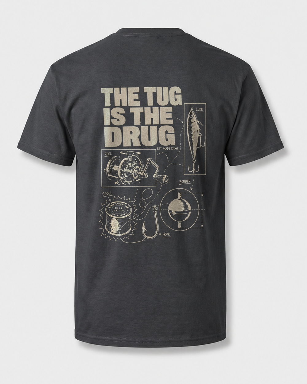 The Tug Is The Drug — Tackle Notes tee — dark heather, front