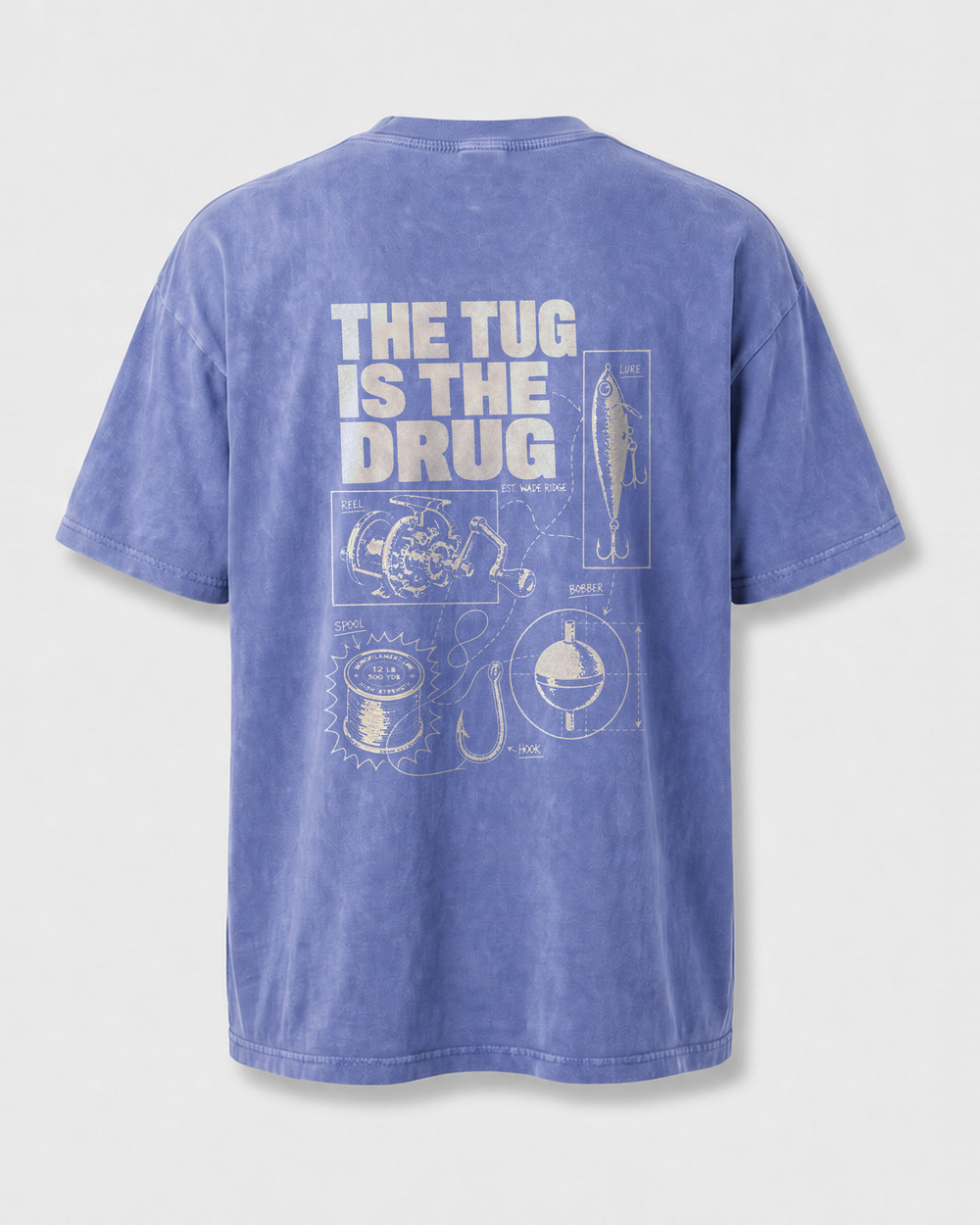 The Tug Is The Drug — Tackle Notes washed tee — washed blue, front