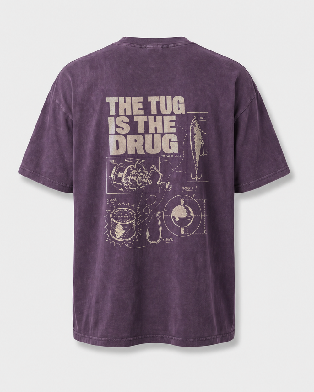 The Tug Is The Drug — Tackle Notes washed tee — washed violet, front