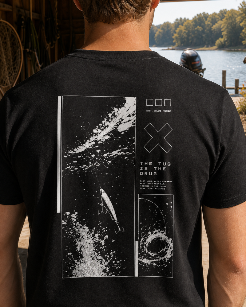The Tug Is The Drug — Tight Drag tee — black, worn, side