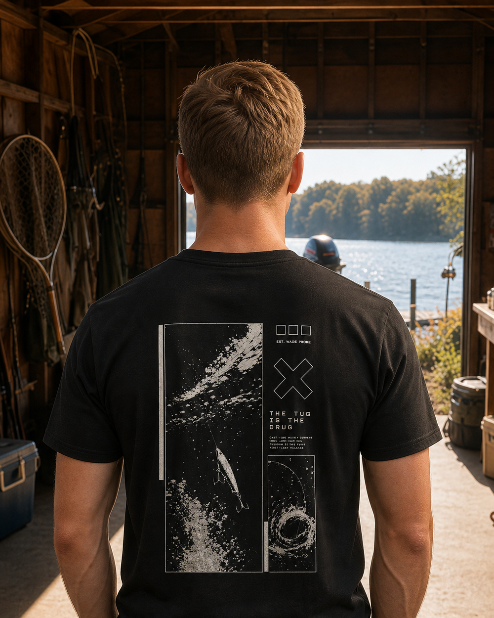 The Tug Is The Drug — Tight Drag tee — black, worn, front