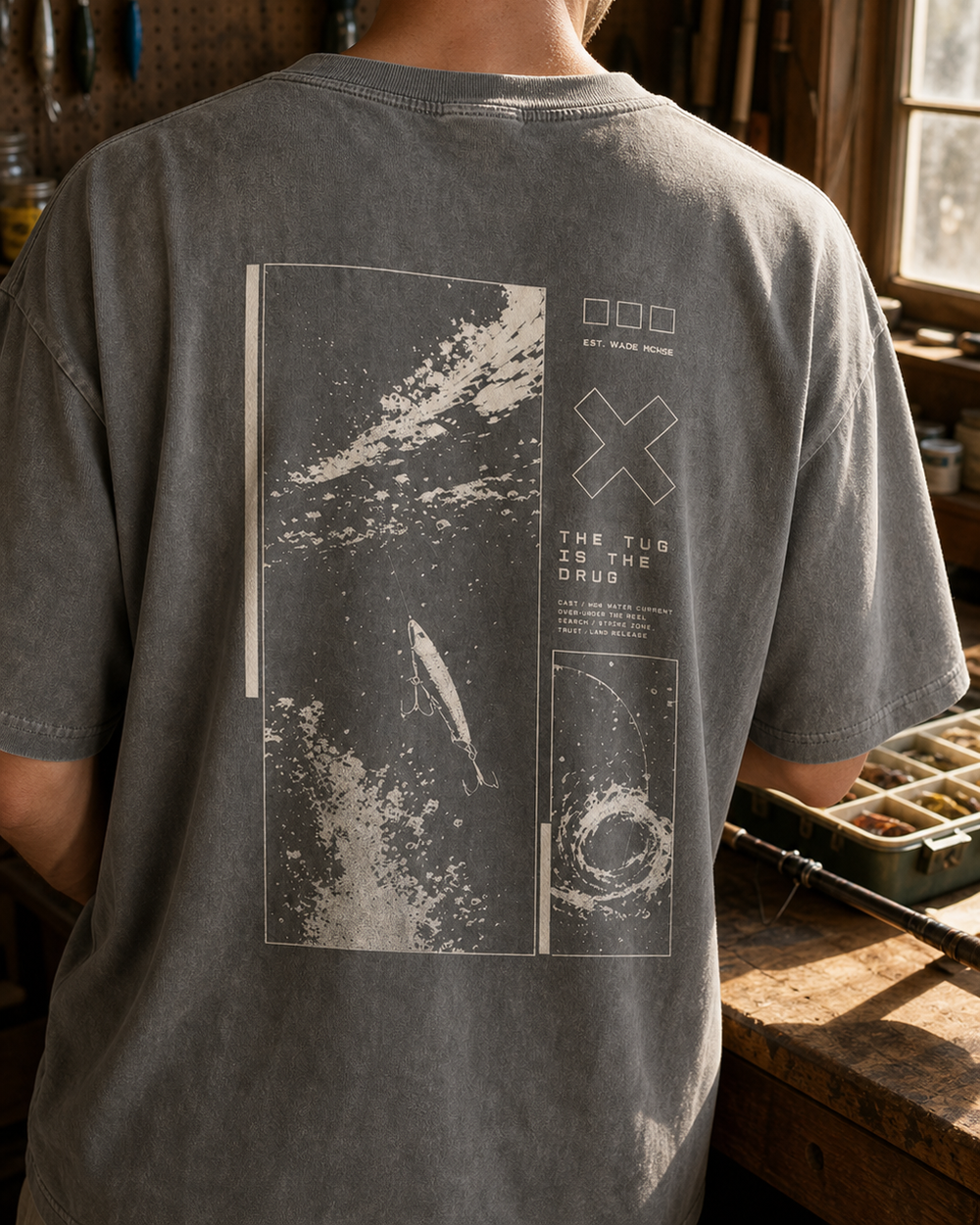 The Tug Is The Drug — Tight Drag washed tee — washed charcoal, worn, side