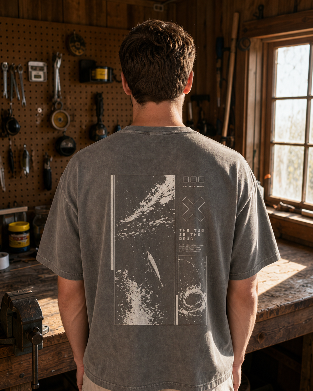 The Tug Is The Drug — Tight Drag washed tee — washed charcoal, worn, front