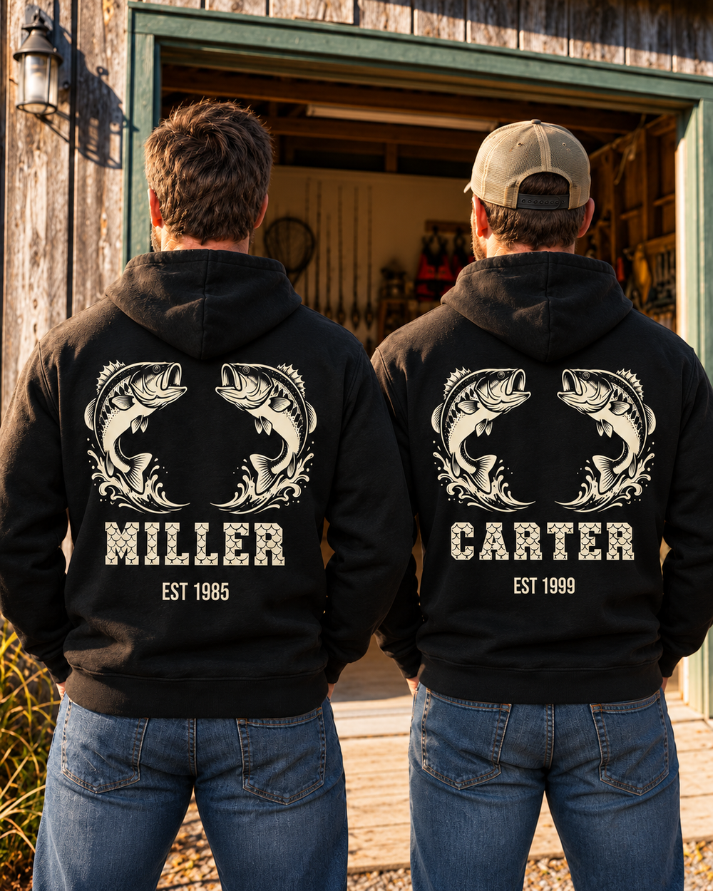 Twin Bass Family Crest All-Over Print Hoodie — two people, back