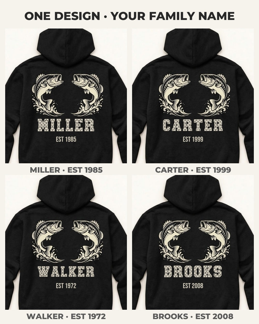 Twin Bass Family Crest All-Over Print Hoodie — four versions