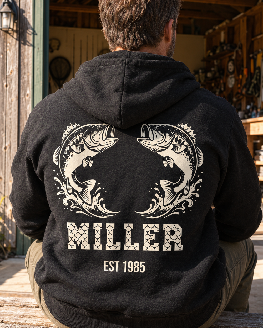 Twin Bass Family Crest All-Over Print Hoodie — model back angle