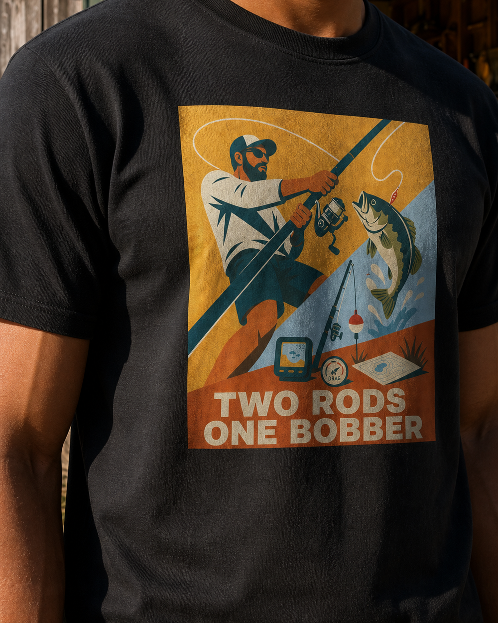 Two Rods One Bobber tee — black, worn, side