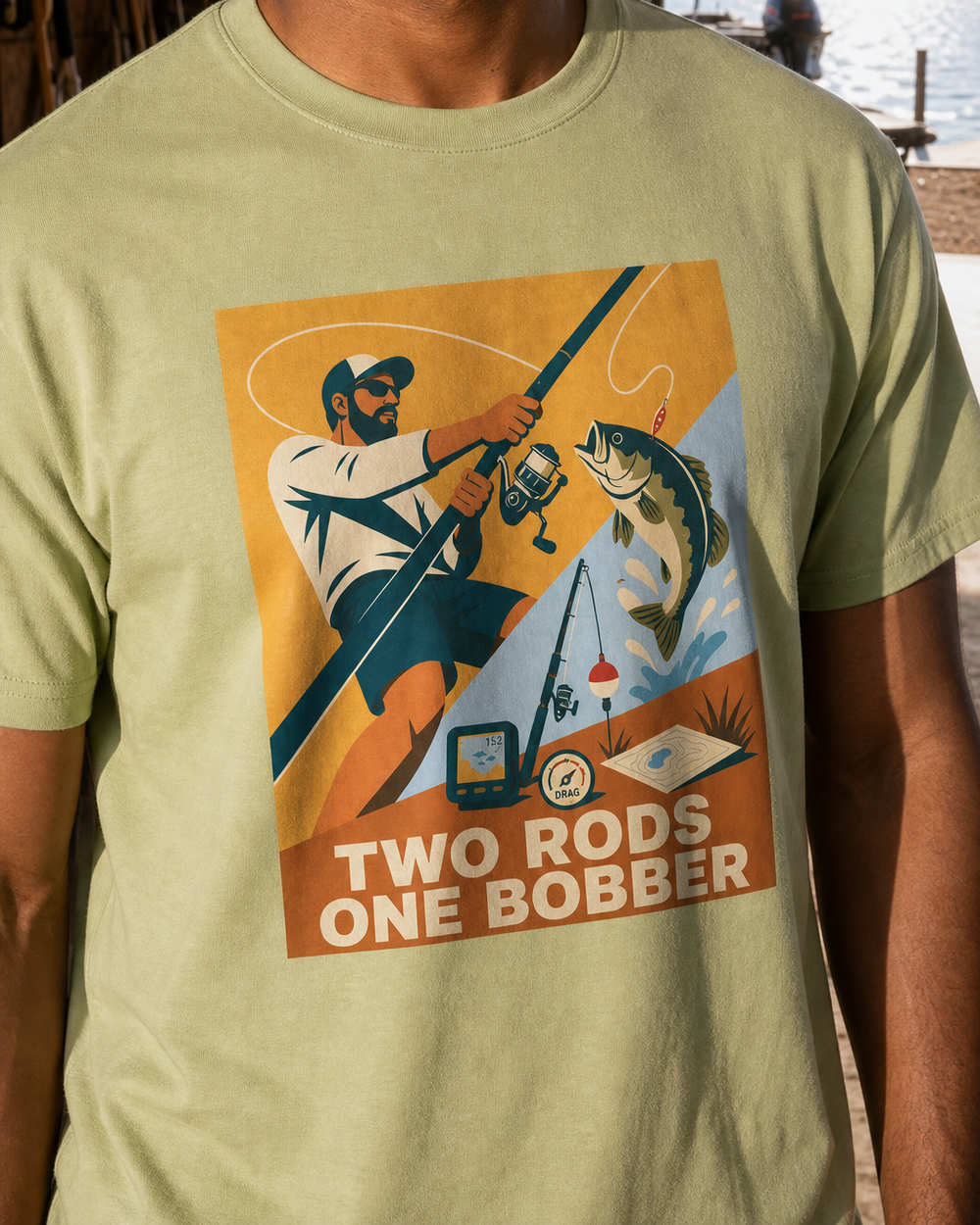 Two Rods One Bobber tee — kiwi, worn, side