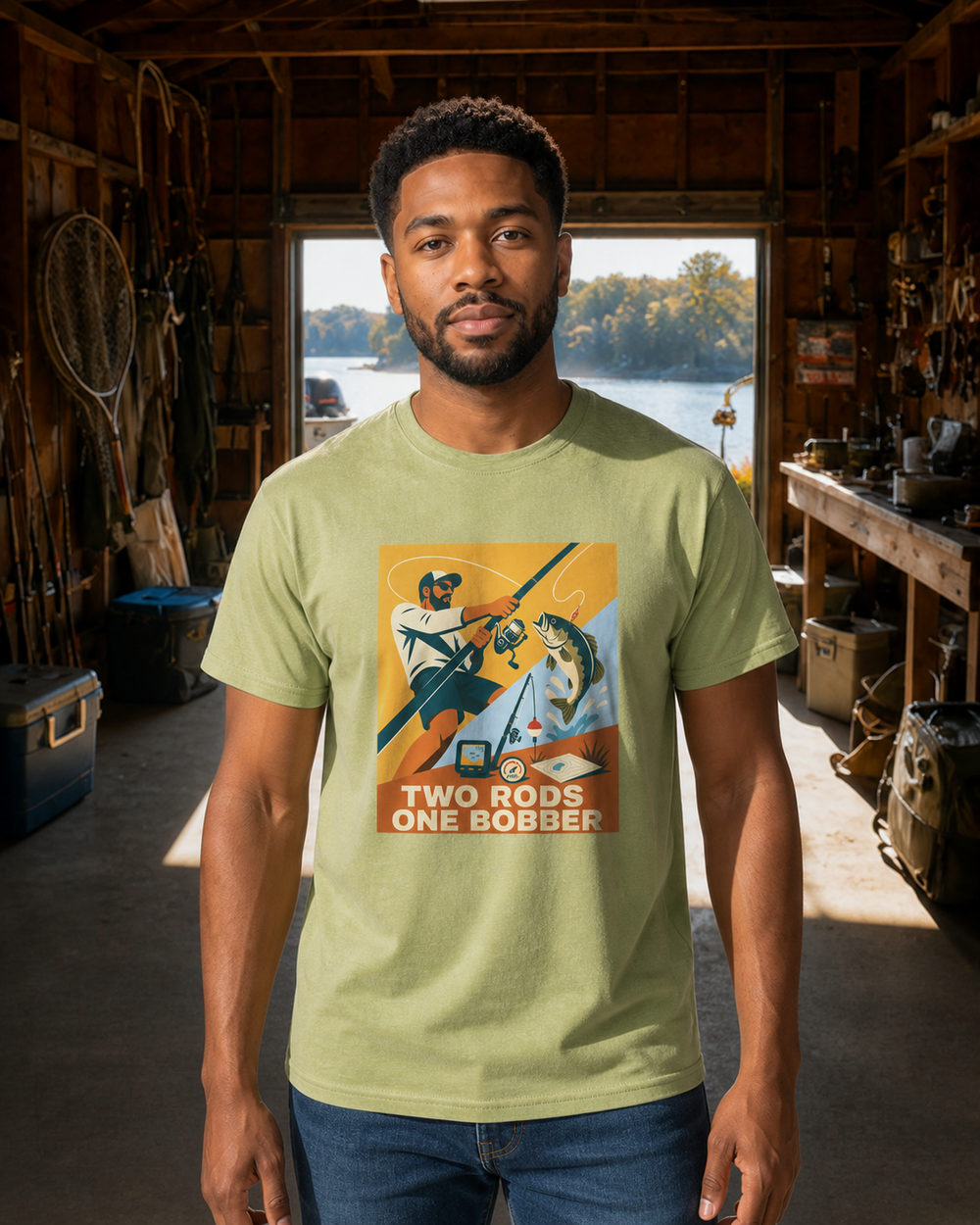 Two Rods One Bobber tee — kiwi, worn, front