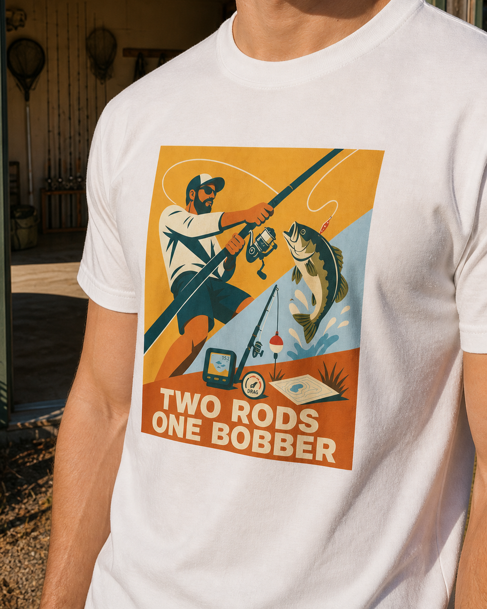 Two Rods One Bobber tee — worn, side