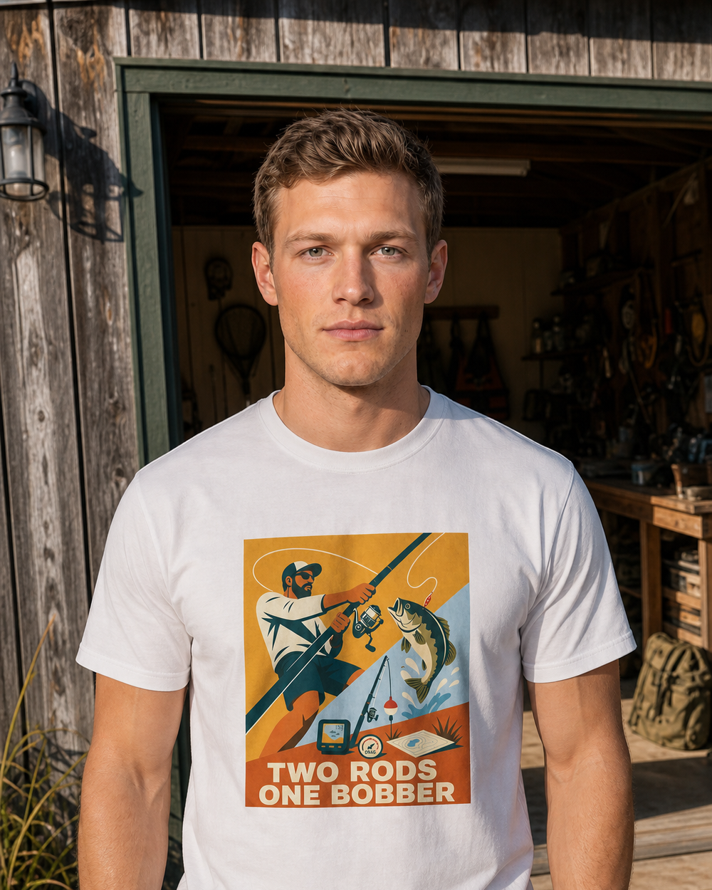 Two Rods One Bobber tee — worn, front