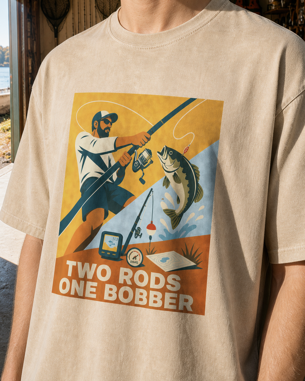 Two Rods One Bobber washed tee — washed bone, worn, side