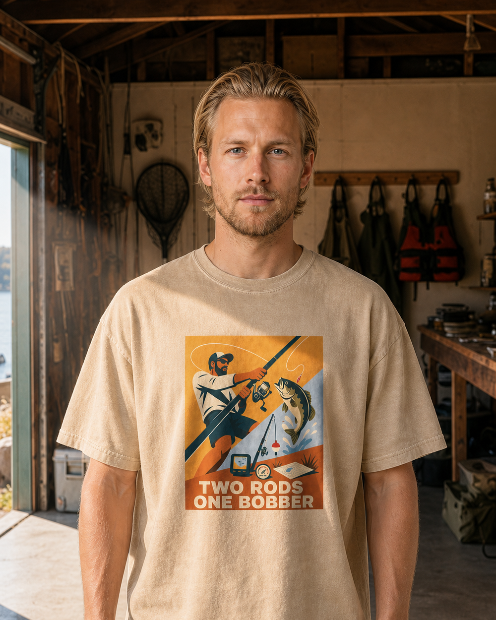 Two Rods One Bobber washed tee — washed bone, worn, front