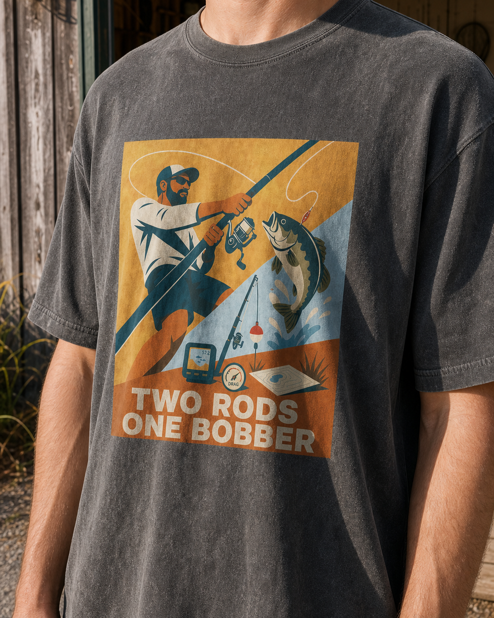 Two Rods One Bobber washed tee — washed black, worn, side