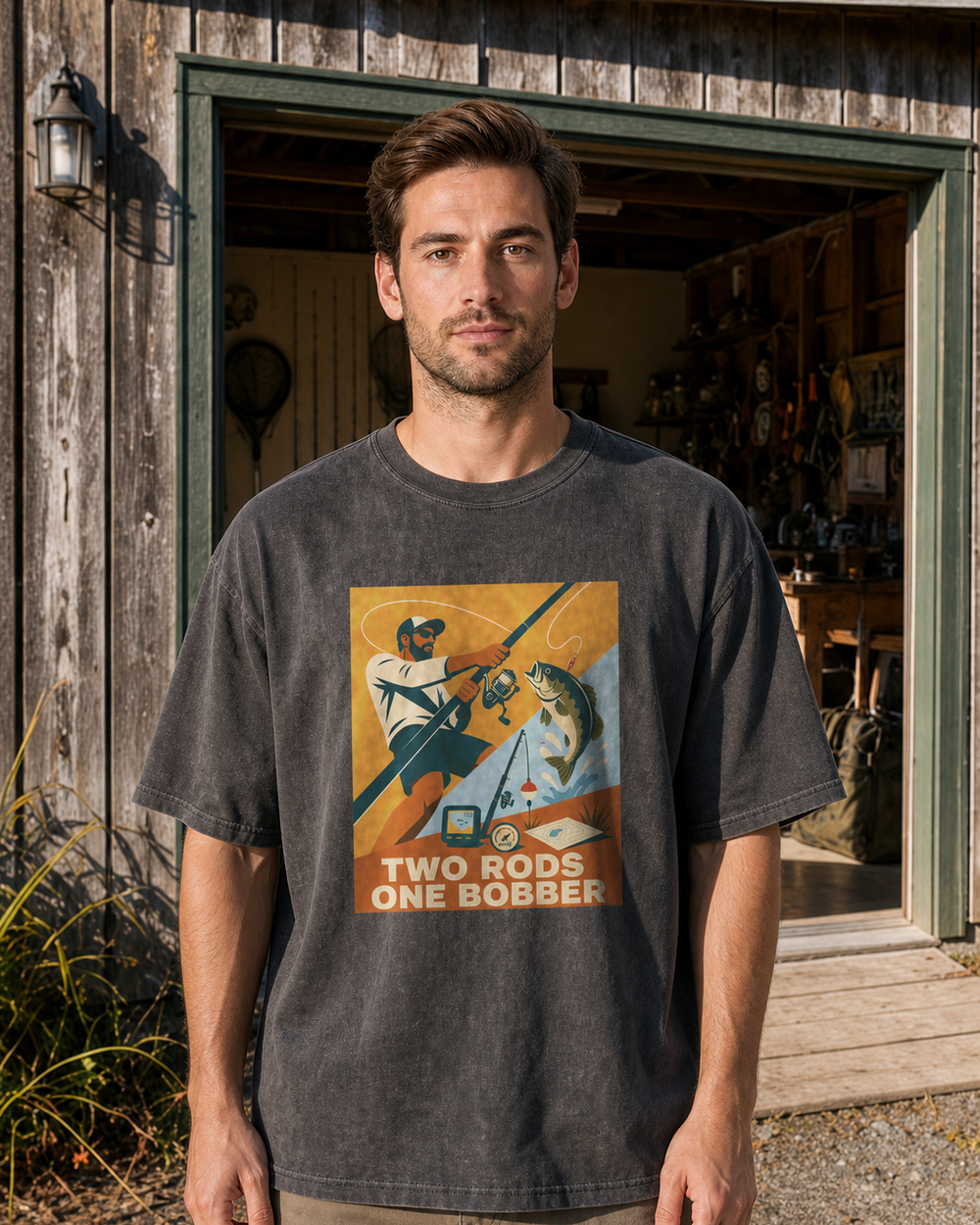 Two Rods One Bobber washed tee — washed black, worn, front