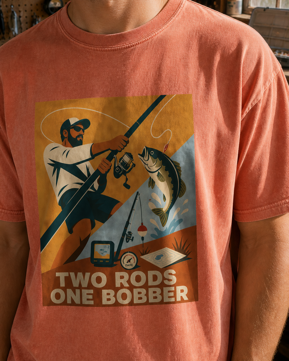 Two Rods One Bobber washed tee — worn, side