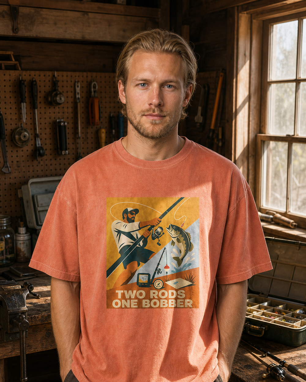 Two Rods One Bobber washed tee — worn, front