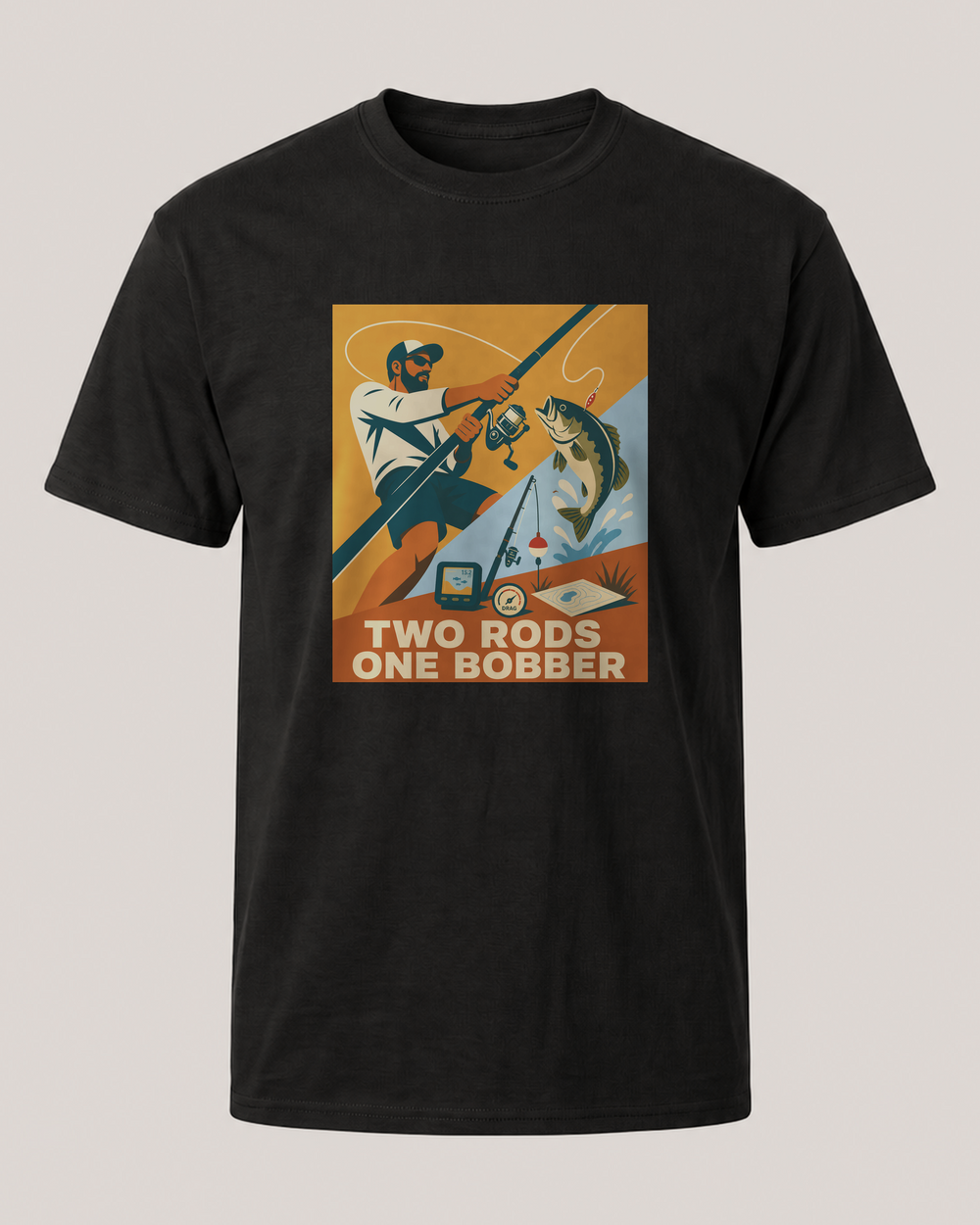 Two Rods One Bobber tee — black, front