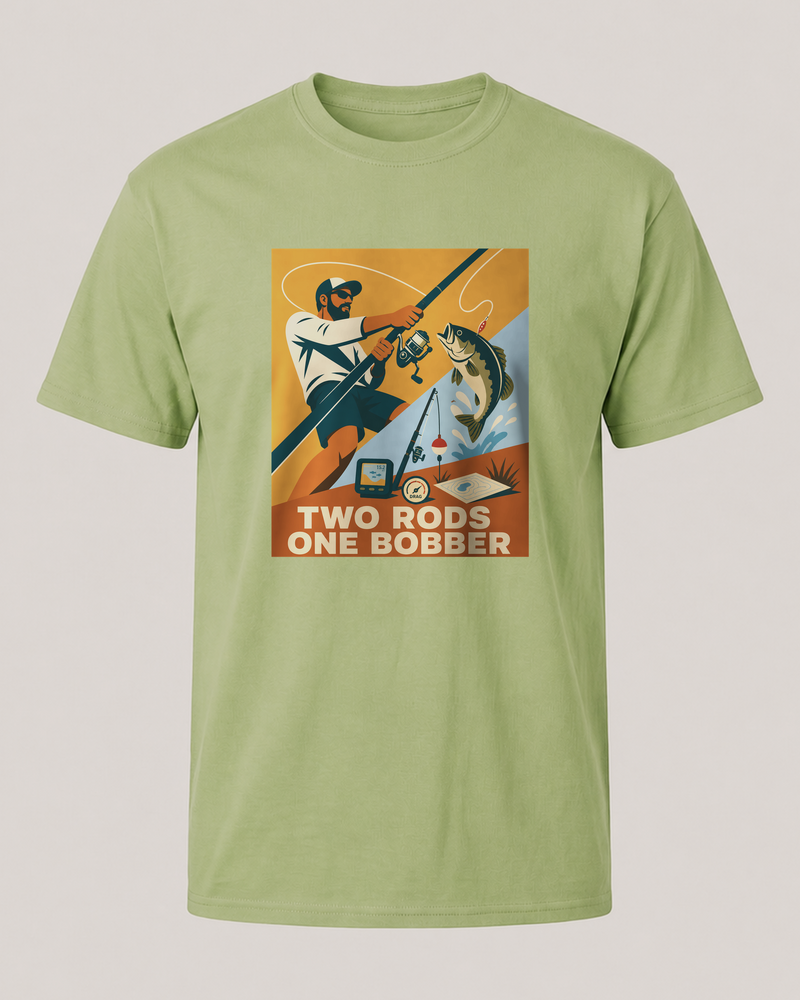 Two Rods One Bobber tee — kiwi, front
