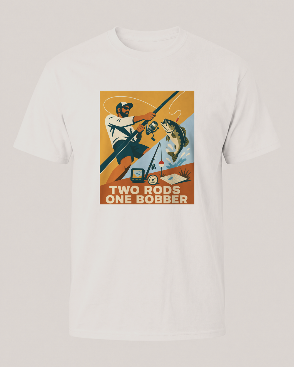 Two Rods One Bobber tee — front