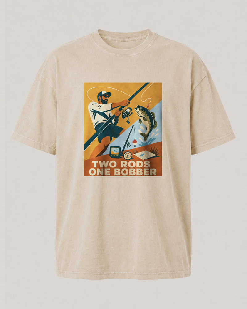 Two Rods One Bobber washed tee — washed bone, front