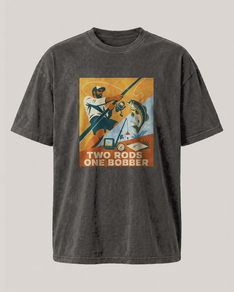 Two Rods One Bobber washed tee — washed black, front