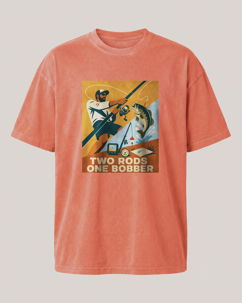 Two Rods One Bobber washed tee — front
