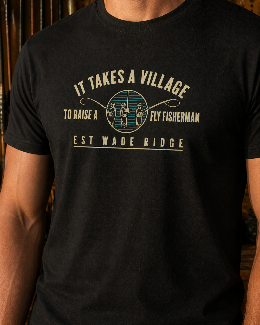 It Takes A Village tee — black, worn, side
