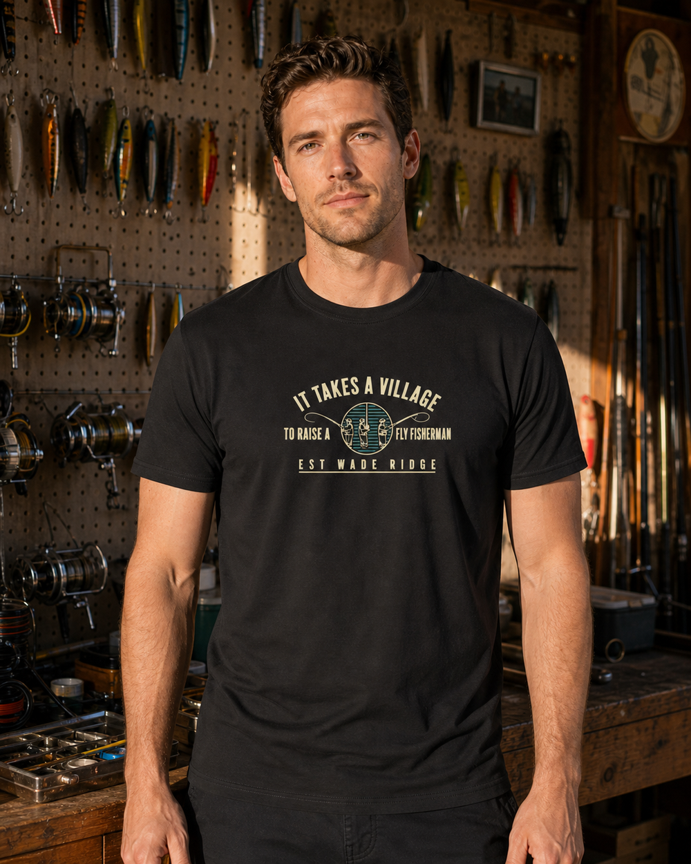 It Takes A Village tee — black, worn, front