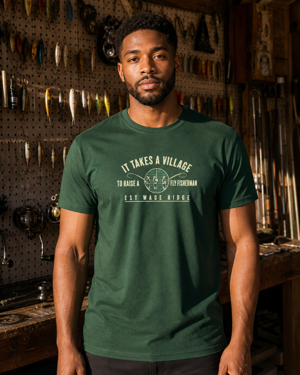 It Takes A Village tee — forest, worn, front