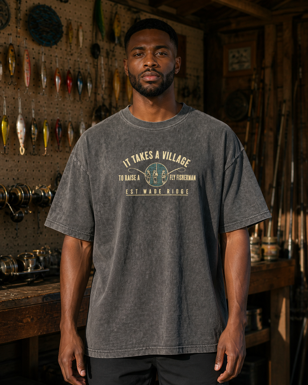 It Takes A Village washed tee — washed black, worn, front