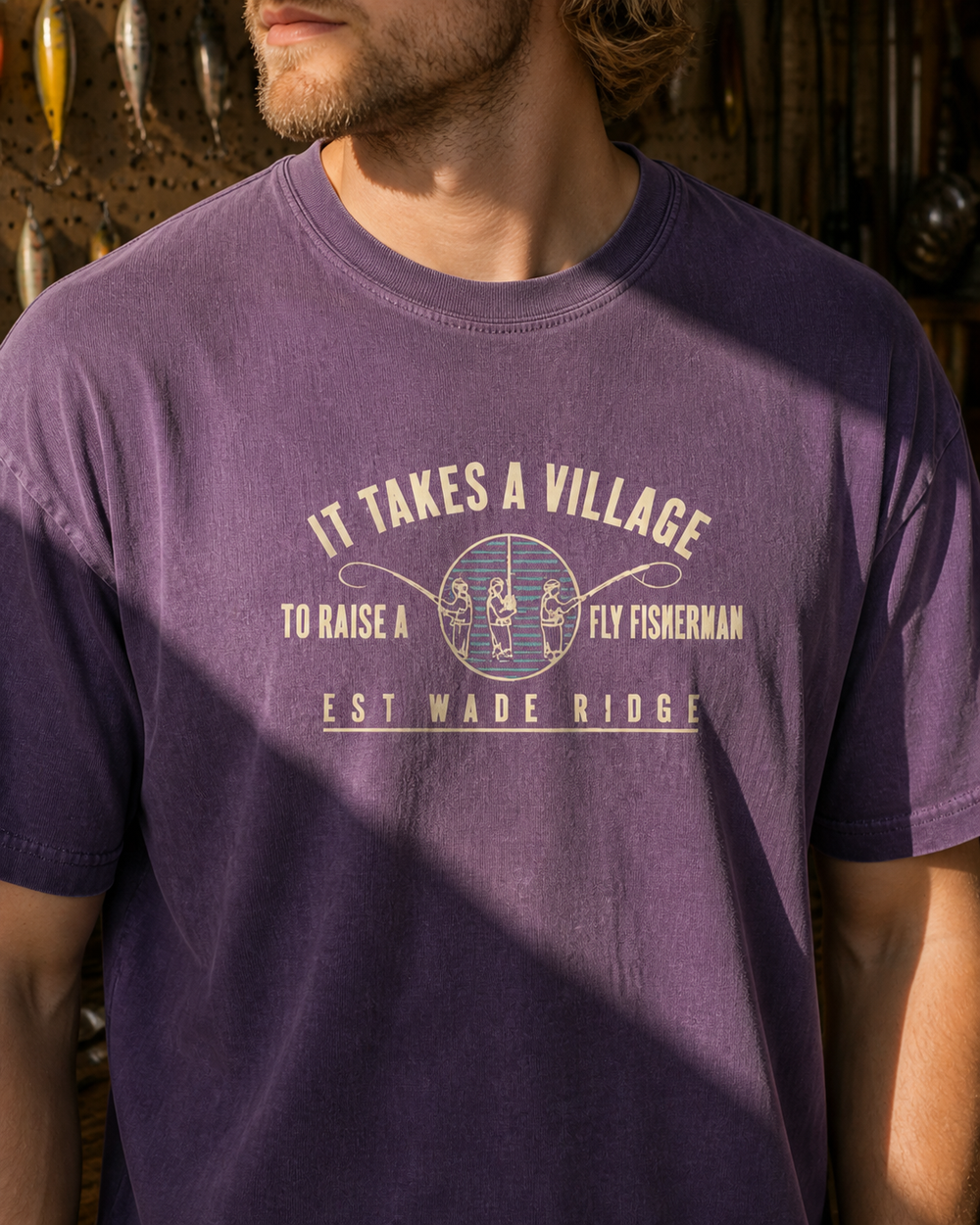 It Takes A Village washed tee — washed violet, worn, side