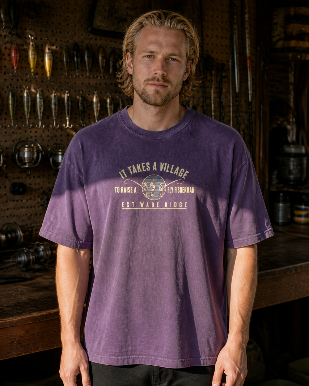 It Takes A Village washed tee — washed violet, worn, front