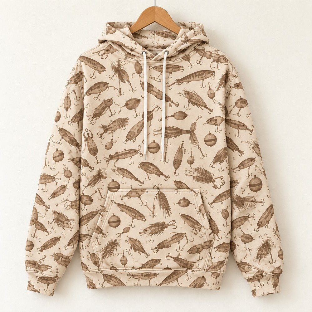 Vintage Lures All-Over Print Hoodie on a hanger