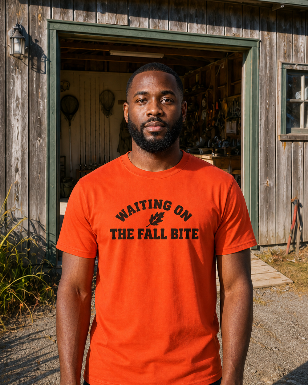 Waiting On The Fall Bite tee — orange, worn, front